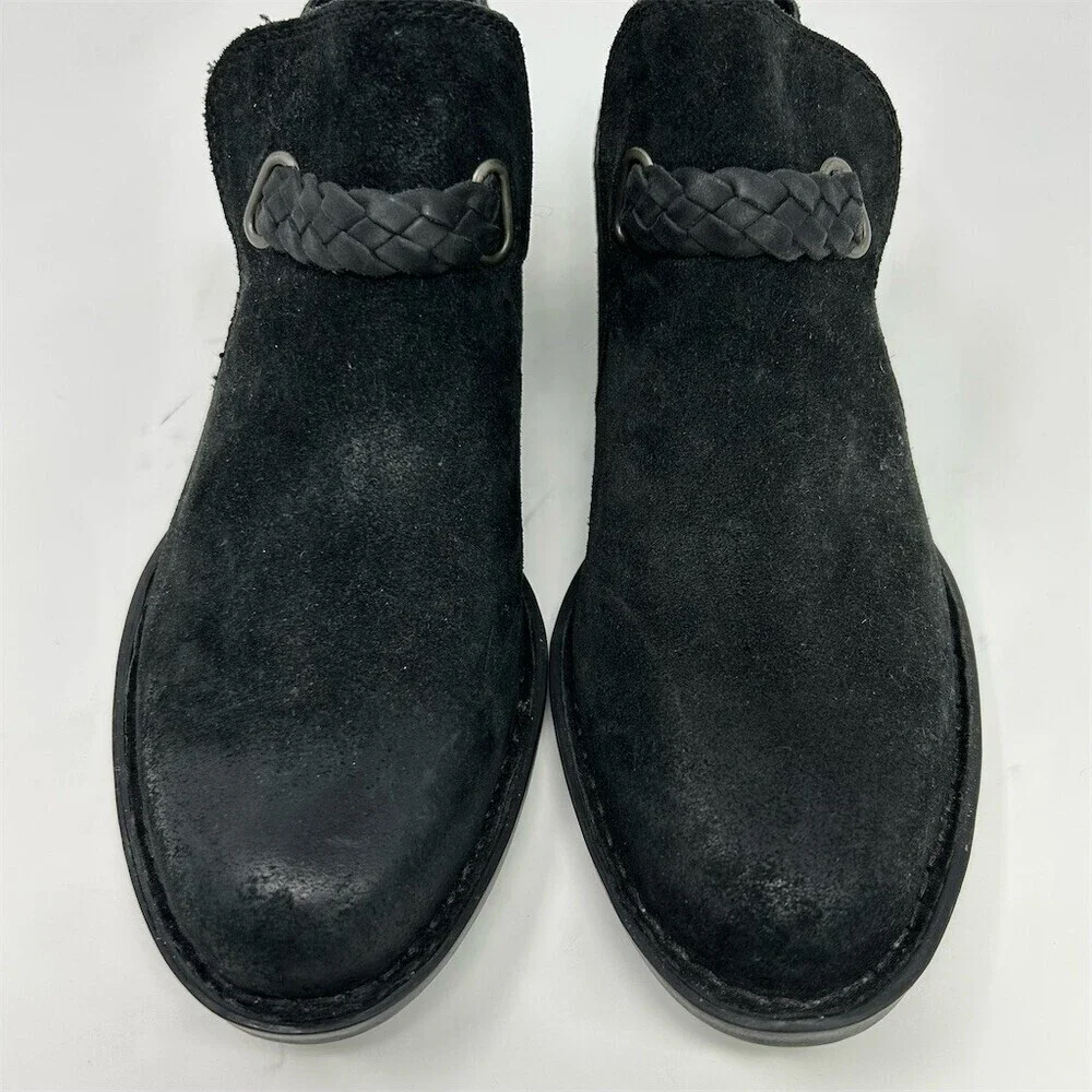 Born Sylvia Ankle Heeled Booties Black Braided Strap Buckle Back Zip Size 8
